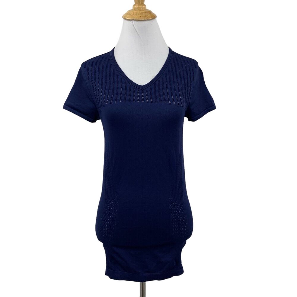 Athleta Shirt Womens Small Navy Diamond Trophy Seamless V Neck Perforated Mesh